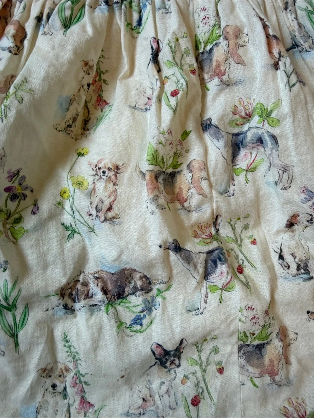 Boden Cream Dress with Puppy & Floral Print